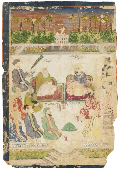 A MINIATURE PAINTING OF A MEETING OF SUFIS. India, Deccan, 18th c. Recto circa 28.5x19.5 cm, verso ca. 18.5x10 cm. Damaged.