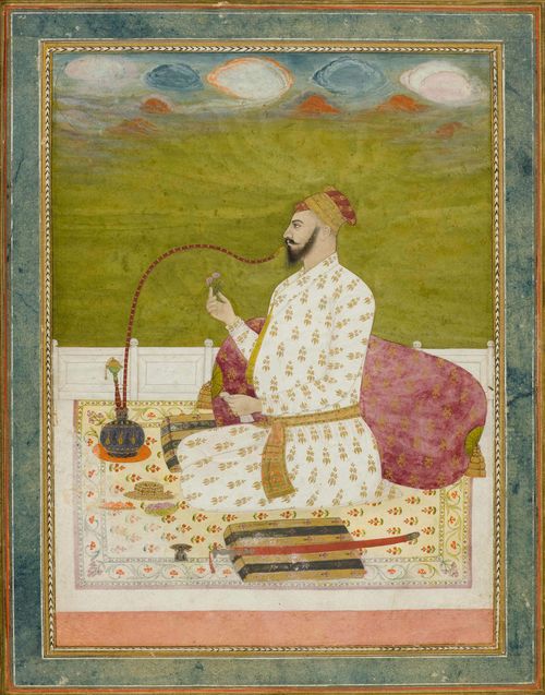 A PORTRAIT OF A NOBLEMAN ON A TERRACE. India, Deccan, 18th c. 22.5x16 cm. Verso calligraphy in nasta'liq. Framed under glass.