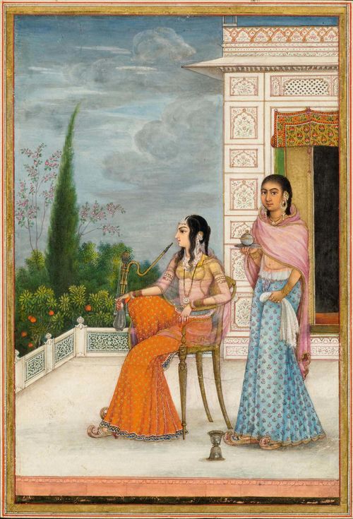 A MINIATURE PAINTING OF A COURTESAN AND A SERVANT ON A TERRACE. India, Delhi school ca. 1830, 18.7x12.3 cm. Framed under glass.