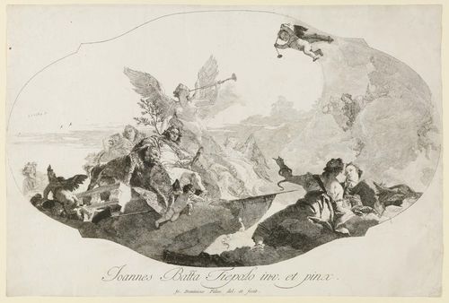 TIEPOLO, GIOVANNI DOMENICO (1727 Venice 1804).Il genio del valore con altre figure allegoriche. Etching, 36.7 x 54.9 cm. On laid paper with watermark: AS. With engraved inscription within the image: Joannes Batta Tiepolo inv. et pinx.; Jo. Domenicus Filius del et fecit. DeVesme 104; Rizzi 113 II (of III). – Fine, nuanced and clear impression. Trimmed to the plate edge, which is visible in parts. With smoothed vertical central fold, faintly visible. Professionally smoothed creases in the margins, some minor finger soiling and dust. Overall good condition.