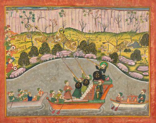 A LARGE MINIATURE PAINTING OF A TIGERHUNT BY BOAT. India, Rajasthan, late 19th c. 38.5x50.5 cm. Partly retouched.