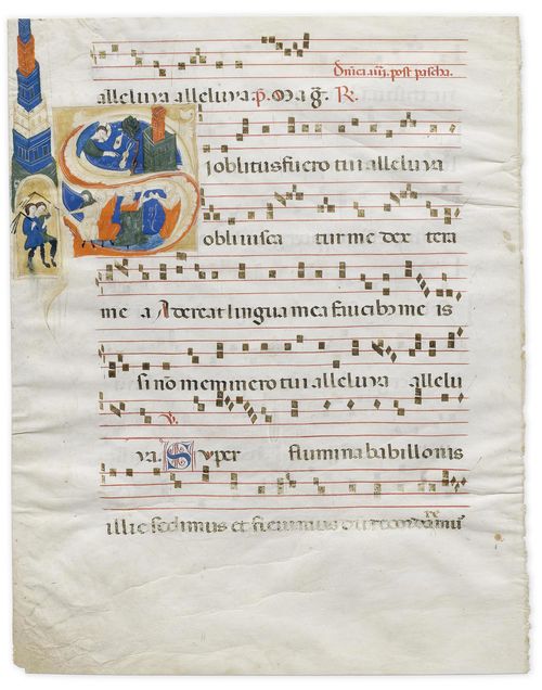 SECOND MASTER OF THE GUBBIO CHOIR BOOKS Leaf from an antiphonary with historiated initial S with the lamentation over the destruction of Jerusalem. Tempera on vellum. Gubbio, ca. 1290. 480 x 335 mm (Initial 220 x 140mm). Provenance: -1996, London, BEL. - in the current collection since 1996 Bibliography: - Sandra Hindman, Milvia Bollati, Medieval Miniatures, Catalogue BEL, 1, London 1996, p. 12. - Gaudenz Freuler, Italian Miniatures from the Twelfth to the Sixteenth Centuries, Milan 2013, pp. 604-615, illustrated on p. 610. - Friedrich G. Zeileis, Più ridon le carte (3.ed.), Rauris 2014 pp. 54-55. This historiated initial S opens the text Si oblitus fuero tui, alleluia, obliviscatur... the response to the first nocturn for the 4th Sunday after Easter. As writers elsewhere have already noted, the present leaf can be identified as an element of an important antiphonary which was dismantled during the Napoleonic period, of which eleven further leaves have been conserved in the collection of the Fondazione Giorgio Cini, and various European private collections.