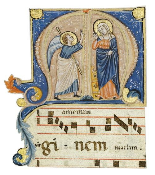 MAESTRO DELLA MATRICOLA DEI SARTI Historiated initial M from an antiphonary with the Annunciation. Vellum. Perugia, ca. 1315-20. 145 x 120 mm. Provenance: - London, Christie's June 1995. - acquired by the current owner at the above auction. Bibliography: - Friedrich G. Zeileis, Più ridon le carte (3.ed.), Rauris 2014, p. 278. Cited literature and further reading: - Alessandro Galli, in: Miklòs Boskovits (ed) Miniature a Brera 1100-1422, Milan 1997, pp. 180-185. - Marina Subbioni, La miniatura Perugina del Trecento, Perugia 2003, pp. 39 ff. This historiated initial M with its expressive interpretation of the Annunciation opens the first response to the first nocturn of the corresponding feast. In this historiated initial, the link to the Umbrian school of illumination, in particular that of Perugia, was correctly identified when it was sold at auction twenty years ago. However, a more precise attribution to a specific master is still lacking.