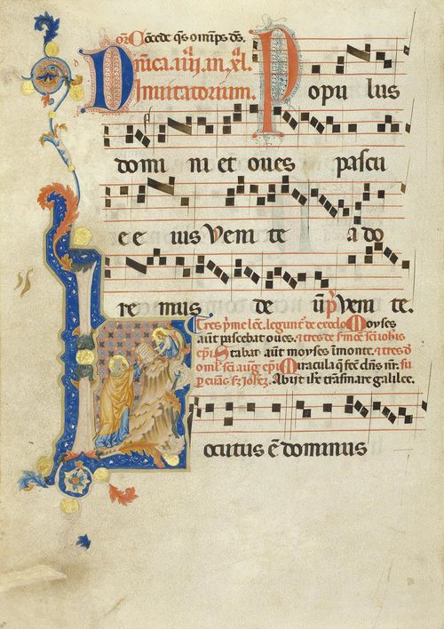 MASTER OF THE CHOIR BOOKS OF SAN LORENZO Leaf from an antiphonary with the historiated initial L and a depiction of Moses receiving the tablets with the Ten Commandments. Vellum. Perugia, ca. 1330-1335. 513 x 370 mm. Provenance: - 2008, Basel, Jörn Günther. - In the current collection since that date. Bibliography: - Filippo Todini, La pittura umbra dal Duecento al primo Cinquecento, Milan 1989, p. 120. - Cristina De Benedictis, in: La Spezia. Museo Civico Amedeo Lia, Milan 1996, p. 282. - Marina Subbioni, La miniatura Perugina del Trecento, Perugia 2003, p. 92. - Elvio Lunghi, in: Dizionario Biografico dei miniatori Italiani, Milan 2004, p. 460. - Friedrich G. Zeileis, Più ridon le carte (3.ed.), Rauris 2014, pp. 282-284. The historiated initial L opens the response to the first nocturn of the fourth Sunday of fasting The first publication of this leaf by Filippo Todini (1989) established the authorship of this illuminator, active in Perugia, who, amongst other things had decorated various volumes of the series of choir books for the Cathedral of Perugia dedicated to San Lorenzo: and consequently became known as the Maestro dei Corali di San Lorenzo. The present leaf belongs to his later works, as do the sister pieces, which is why a date of circa 1330-35 is suggested.