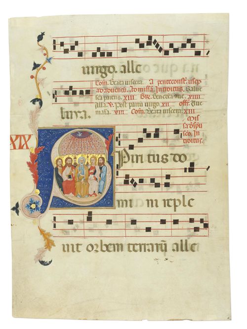 BALDOLO, VANNI DI (active 1332-1348) Sheet from a gradual with the historiated initial S and a depiction of the outpouring of the Holy Spirit. Vellum. Perugia, ca. 1335-1340. 532 x 382 mm. Provenance: - Perugia, the Cathedral of San Lorenzo (?). - 1924, Paris, Kalebdjian. - 1924-2004, New York, Robert Lehman collection. - 2004, Hamburg, Jörn Günther collection. - 2005, Zurich private collection. - Zurich, Koller 18 March 2008, Lot No. A144/3403 and purchased by the current owner. Exhibited: - Cleveland, Cleveland Museum of Art (23.2.-4.5.2003). - San Francisco, Fine Arts Museum (7.6.-31.8.2003). - New York, The Metropolitan Museum of Art (30.9.2003 - 1.2. 2004) "Treasures of a Lost Art" Italian Manuscript Painting of the Middle Ages and Renaissance. Bibliography: - Seymour De Ricci (assisted by William J.Wilson). - Census of Medieval and Renaissance Manuscripts in the United States and Canada, New York 1927, p. 1707 No A.16. - Pia Palladino, Treasures of a lost Art. Italian manuscript Painting of the Middle Ages and Renaissance, New Haven/London 2003, pp. 33-34. - Friedrich G. Zeileis, Più ridon le carte (3.ed.), Rauris 2014, pp. 286-288. This leaf with the historiated initial S, was cut from a gradual as fol. XIX. Our thanks to Pia Pallladiino (2003) for the correct attribution of this finely painted leaf from a gradual, to the Perugian painter and miniaturist Vanni di Baldolo. Vanni di Baldolo, with his monumental, expressive figures and the lively but harmonious narrative style, is quite rightly considered one of the leading forces in the art of the illuminated manuscript in Perugia around 1340.