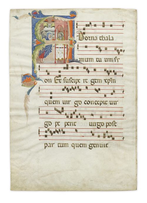 ANONYMOUS UMBRIAN BOOK ILLUMINATOR, CIRCLE OF MAESTRO DELLO SPECULUM ARSENAL Leaf from an antiphonary with the initial A and a depiction of the Presentation in the Temple. Vellum Perugia, ca. 1350. 535 x 385 mm (historiated initial 140 x 130mm) Provenance: - Zurich, Vendita Hoepli, 21-23 May 1931, Lot No. 53. - 1995, Turin, Pregliasco, Cat. 69 1995. - In the current collection since 1997. Bibliography: - Turin, Pregliasco, Cat. 69, 1995, p. 4. - Gaudenz Freuler, Italian Miniatures from the Twelfth to the Sixteenth Centuries, Milan 2013, pp. 906-907. - Friedrich G. Zeileis, Più ridon le carte (3.ed.), Rauris 2014, p. 230. Further cited literature: - Marina Subbioni, La miniatura Perugina del Trecento, Perugia 2003, pp.195 ff. This leaf, with its slightly provincial air, featuring a depiction of the Presentation in the Temple within an initial A, is part of a dismantled antiphonary. The Perugian background of our anonymous illuminator is also apparent if we compare the work with the frescoes in San Pietro in Perugia