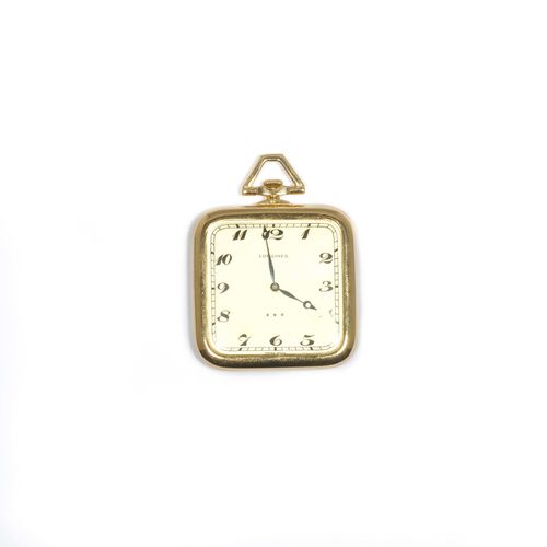 POCKET WATCH, LONGINES, ca. 1950. Yellow gold 750. Square case No. 2954770 with rounded corners and triangular pendant. Gold-coloured dial with black Arabic numerals and blued Breguet hands. Round lever escapement No. 2954770 with flat spring and bimetallic balance. D 41 x 41 mm.