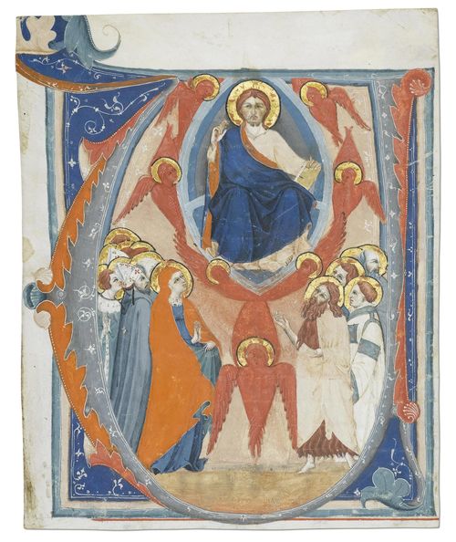 MAESTRO DELLO STATUTO DEL 1337 Initial V with Christ in Majesty from an antiphonary. Tempera on vellum. Siena ca. 1315-1320. 205 x 168 mm Provenance: - London, Robert Dowma. - 1997, Hamburg, Jörn Günther. - In the current collection since ca. 1998. Bibliography: - Recent Acquisitions. Medieval & Renaissance illuminated manuscripts, Cat. Jörn Günther, Bruce Ferrini, Hamburg, Akron (OH) 1997. - Ada Labriola in: Ada Labriola, Cristina De Benedictis, Gaudenz Freuler, La miniatura senese.1270-1420, Milan 2002, pp. 55 ff., pp. 291-295. - Ada Labriola, Gaudenz Freuler, Maestro dello statuto del 1337, in: Milvia Bollati (ed.) Dizionario Biografico dei miniatori Italiani. Secoli IX - XVI, Milan 2004, pp. 610-612. - Gaudenz Freuler, Ancora sulla miniatura senese dei secoli XIII-XV. Postille ad un libro (parte I), in :Arte Cristiana, XCVII 2009, pp. 283-284. - Gaudenz Freuler, Italian Miniatures from the Twelfth to the Sixteenth Centuries, Milan 2013, pp. 478-485. - Friedrich G. Zeileis, Più ridon le carte (3.ed.), Rauris 2014, pp. 184. Further reading: - Gaudenz Freuler, Manifestatori dell cose miracolose. Arte Italiana del 300 e del 400 da collezioni in Svizzera e Liechtenstein, cat. exh. Lugano 1991, Einsiedeln 1991, p. 60. - Ada Labriola, Un corale trecentescho nell' Archivio Capitolare di Pistoia, in: Paragone, 529-533, 1994, pp. 10-16. This initial V with an unusual depiction of the Ascension of Christ, may have opened the antiphonary for the laude for the Feast of the Ascension. As Ada Labriola has rightly recognised, these initials cannot with any certainty be attributed to the Master of the Massa Marittima Choir Books, but rather to a presumably somewhat younger Sienese contemporary, Master of the Statutes of 1337.