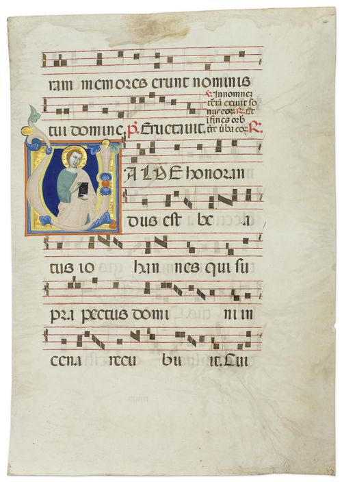 MASTER OF THE DOMINICAN EFFIGIES Leaf from an antiphonary with the initial V and the figure of John the Evangelist. Vellum. Florence, ca. 1340. 495 x 355 mm (historiated initial 115 x 115 mm). Provenance: - Castelfiorentino, Pieve dei Santi Ippolito e Biagio. - 1960, New York, Mortimer Brandt. - 1996, Paris, Les Enluminures. - thence to the current collection Bibliography: - Richard Offner, A Critical and Historical Corpus of Florentine Painting, III/VII Florence 1957, p.70. - Miklòs Boskovits, A Critical and Historical Corpus of Florentine Painting, III/IX, Florence 1984, p. 287. Les Enluminures, Cat. 5, Paris 1996, p. 18. - Friedrich G. Zeileis Più ridon le carte (3.ed.), Rauris 2014, pp. 210- 211.