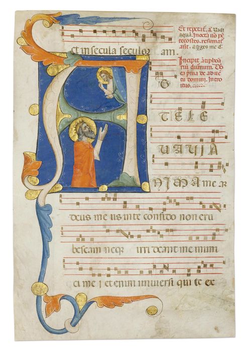 WORKSHOP OF MAESTRO DADDESCO Leaf from a gradual with a historiated initial A and a depiction of David in atonement before God. Vellum. Florence, ca. 1335-40. 404 x 270 mm (historiated initial 175 x 130 mm) Provenance: - In the current collection since ca. 1992. Bibliography: Friedrich G. Zeileis Più ridon le carte (3.ed.), Rauris 2014, p.198. This leaf with the letter A, was formerly part of the frontispiece of a gradual and opens the Introitus to the Mass of the First Sunday of Advent The Florentine authorship of this little-known leaf can be barely contested, yet its exact attribution poses certain problems. It is beyond doubt that the illuminator ranks alongside the protagonists of Florentine illumination of the 2nd quarter of the 14th century, Pacino di Bonaguida, Master of the Effigi Domenicane and the anonymous master known as Maestro Daddesco.