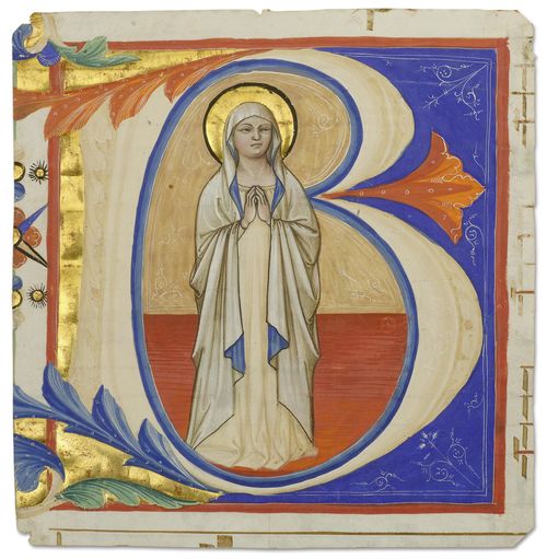 MASTER OF THE BEFFI ALTAR Historiated initial B from an antiphonary with the Virgin Mary at prayer. Vellum. Abruzzo, ca.1410-1420. 183 x 177 mm. Provenance: - from a Benedictine monastery on the lands of the Aquaviva family (Teramo, Atri). - Since ca. 1830-40, Edinburgh, collection of Lord James Dennistoun of Dennistoun (1805-55). - Thence to a family collection. - Subsequently in the collection of the Bishop of Durham, Durham Castle Bishop Auckland (Durham). - Since 1933, Saltwood Castle (Kent), Collection of Lord Kenneth Clark (1903-1983), Lord of Saltwood Castle. - London Sotheby's 1984, 3 July, lot 86/2. - 1985, New York, H.P. Kraus. - 1989, London, Sam Fogg. - In the current collection since ca. 1990. Bibliography: - Medieval & Renaissance Miniature Painting, Cat Sam Fogg, Bruce Ferrini, London 1989, No. 12. - Francesca Manzati, in: Illuminare l'Abruzzo. Codici Miniati tra medioevo e Rinascimento, Pescara, 2012, pp. 233-239. - Friedrich G. Zeileis Più ridon le carte (3.ed.), Rauris 2014, pp.216-217. Further relevant literature: - Pia Palladino, Treasures of a Lost Art. Italian Manuscript Painting of the Middle Ages and Renaissance, exh. cat. Cleveland/San Francisco/New York 2003, pp.60-61. - Francesca Manzati, Il Messale Orsini per la chiesa di San Francesco a Guardiagrele, pescara 2007. This simple but generous initial B, set against a ground of gold and blue, may have opened the antiphonary of the first nocturn for Candlemass (Purificatio Virginis, 2 Feb) The Beffi master was one of the leading artistic figures in Abruzzo and was also sought after as a painter of frescoes. The distinctly iconographic arrangement around the Virgin, leads us to assume that the dispersed antiphonary came from a Benedictine monastery within the district of Acquaviva dedicated to the Virgin.