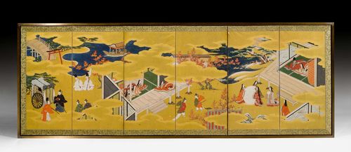 A TOSA-SCHOOL SIXFOLD GENJI MONOGATARI SCREEN. Japan, 18th/19th c. 95x262 cm. Ink, colour and gold on paper. Attributed to Tosa Mitsunari (1646-1710). Signature and seal. Framed.