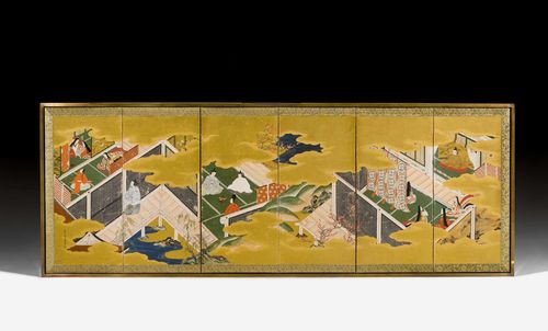 A TOSA-SCHOOL SIXFOLD GENJI MONOGATARI SCREEN. Japan, 18th/19th c. 95x262 cm. Ink, colour and gold on paper. Attributed to Tosa Mitsunari (1646-1710). Signature and seal. Framed.