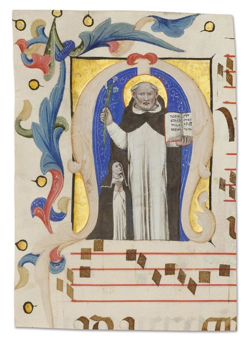 GIACOMO DI NASCIMBENE, NICOLO DI (NICOLO DA BOLOGNA) (Bologna ca. 1330 - ca. 1404 probably ibid.) Historiated initial M cut from an antiphonary with Saint Dominic and a Dominican nun in adoration. Vellum. Bologna, ca. 1375. 225 x 170 mm. Provenance: - Swiss private collection. - 2006, London, Sam Fogg. - 2007 to the current collection Bibliography: - Gaudenz Freuler, Italian Miniatures from the Twelfth to the Sixteenth Centuries, Milan 2013, pp. 284-293. - Friedrich G. Zeileis Più ridon le carte (3.ed.), Rauris 2014, pp. 124-125. Saint Dominic, who faces the viewer directly with an open book and his attribute, the lily, stands before the central bar of the initial M. This initial, painted by the Bolognese Nicolò di Giacomo, is one of a number of initials cut from a larger choir book series made for a Dominican women's house (see also Cat 145), and can be dated to 1370-75.