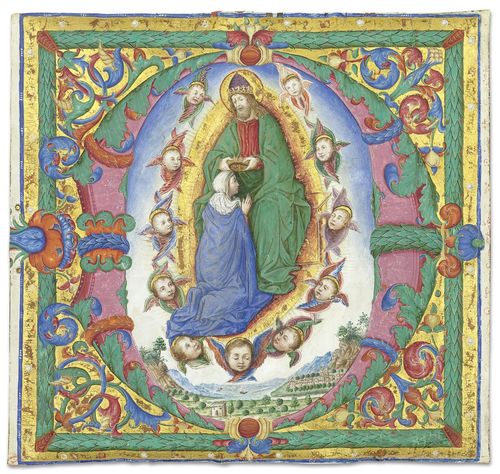 Attributed to CAPORALI, BARTOLOMEO (Perugia ca. 1420 - ca. 1505 ibid.) Large initial V from an antiphonary with a depiction of the coronation of Mary. Vellum. Perugia, ca. 1485-1490. 240 x 256 mm. Provenance: - 19th century, collection of Carlo Prayer (1826-1900) in Milan. - Collection of Maria Shira Lelia Mendez de Bernasconi. - London, Christie's 24.6.1987, Lot No. 323. - 1988 Sam Fogg. - Florence, collection of Sir John Pope-Hennessy. - New York, Sotheby's 10.1. 1996, Lot No. 10. - 1996, London BEL. - In the current collection since 1997 Bibliography: - Sandra Hindman, Milvia Bollati, in: BEL, Medieval Miniatures cat.1, London 1996, S 44, No.17;Friedrich G. Zeileis, Più ridon le carte (3.ed.), Rauris 2014, pp. 401-402. Further cited literature: - Stephen N Fliegel, The Caporali Missal. A Masterpiece of Renaissance Illumination, Cleveland 2013. This dazzling grand initial V with the Coronation of the Virgin for the Regina Misericordiae comes from a highly important antiphonary. We envisage a date of between 1485 and 1490, whereby a firm attribution to Bartolomeo Caporali is in doubt and an attribution to his colleague Tommaso di Mascio Scarafone might be considered.