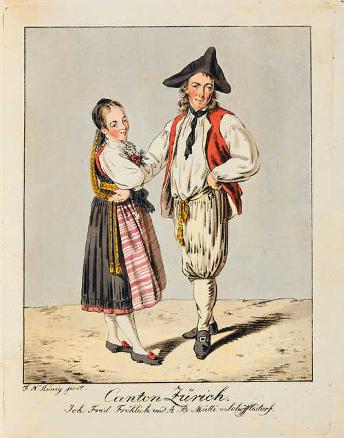 König, Franz Niklaus. [Collection de costumes suisses tires du cabinet de M. Meyer, d'Aarau, par F.-N. Koenig. A Unterseen, chez l'auteur et à Berne, chez Bourgdorfer]. N.d. [1804]. 24 depictions of trad. costumes in vernis-mou. Cont. hf.leather with gt. spine and red sp. label, lrg. qto. (lightly rubbed and bumped). Colas 1644. Lipperheide GA 19. Lonchamp 1695. Missing title replaced by later handwritten one.