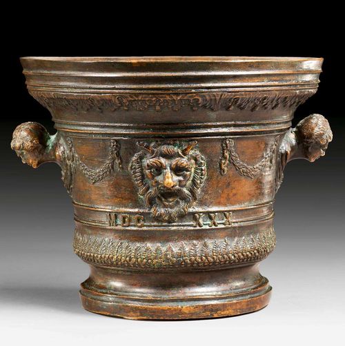 LARGE MORTAR,Renaissance, France, dated 1630. Burnished bronze. With monogram GBA. H 21 cm, D 25.5 cm. Provenance: - Acquired from Fischer Lucerne, circa 2004. - Swiss private collection.