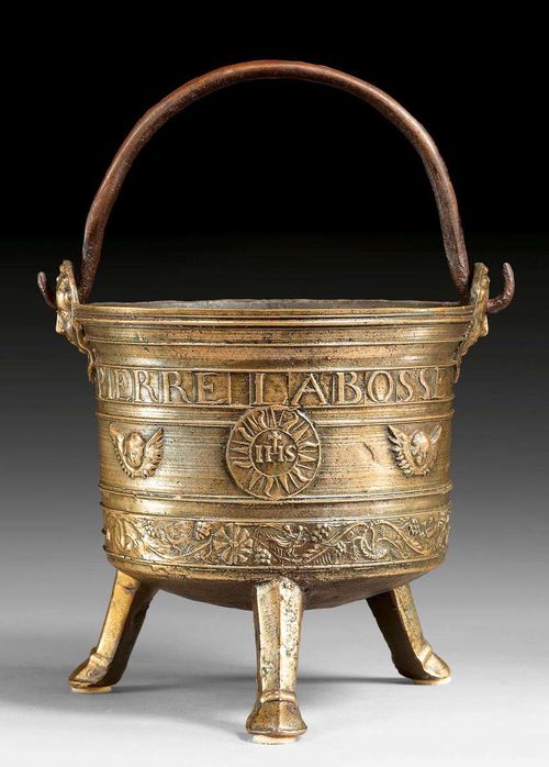 HOLY WATER STOUP,Baroque, France circa 1700. Brass and iron. The side with the name "Pierre Labosse" and monograms NT and IHS. H 17 cm, D 17 cm.