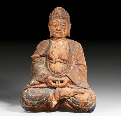 A PAINTED WOOD FIGURE OF BUDDHA AMITHABA. China, Ming dynasty, height 71 cm. Swiss private collection, purchased in 2001.