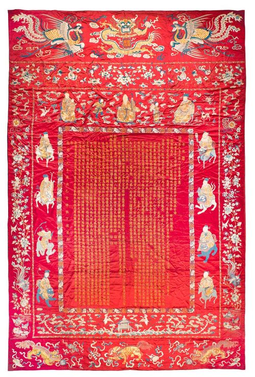 AN EXCELLENT EMBROIDERY ON RED SILK MADE FOR THE 70. BIRTHDAY OF AN OFFICIAL'S MOTHER. China, dated Daoguang 19 (=1839), ca. 427x284 cm. ??????????(1839)??,??????"??"????????????(????)???????????? "??"????"??"???"??"?????"??"???????"??"?????????