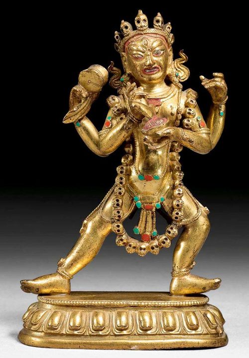SARVABUDDHA-DAKINI.Sino-Tibetan, 18th century  H 11.5 cm. Gilt copper alloy, the detailed polychrome painted. The fourth attribute, the loop is lost. High quality cat. Plinth and figure joined.
