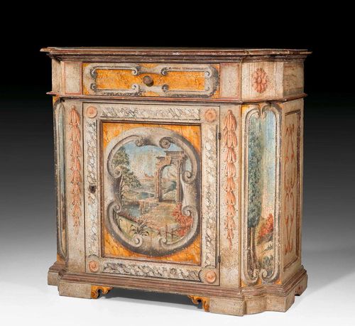 PAINTED SIDEBOARD,Renaissance-style, partly from old pieces, northern Italy. Shaped and painted wood. 110x57x115 cm.