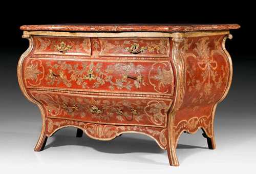 LACQUER COMMODE,Louis XV, probably Berlin/Potsdam circa 1750. Exceptionally finely carved wood, lacquered red and partly silvered. Front with 3 drawers, the top drawer divided into two. Gilt bronze mounts. Replaced, shaped pink/grey speckled marble top. Paint restored. 135x76x83 cm. Provenance: - Fischer-Boehler, Munich (with the reference  that the commode came from Schloss Moritzburg). - Private collection, Germany. Exhibition: Europaeisches Rokoko - Kunst und Kultur des 18. Jahrhunderts, 15.6-15.9.158 in the Munich Residenz (Catalog No. 863).