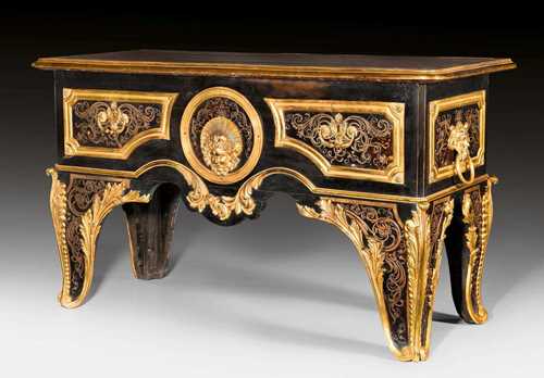 IMPORTANT COMMODE "EN BUREAU",Regence, by A.C. BOULLE (Andre Charles Boulle, 1642-1732) and his sons, with restoration signature of E. LEVASSEUR (Etienne Levasseur, maitre 1766), Paris after 1723. Ebony and brown tortoiseshell finely inlaid with engraved brass fillets. Exceptionally fine, matte and polished gilt bronze mounts and applications. "Rouge Languedoc" top edged in bronze. 151x65.5x89 cm. Provenance: - Formerly part of the collection of a French castle. - From a Parisian private collection. - Private collection, Switzerland. Dendrochronologcal expertise: Prof. Dr. P. Klein, Hamburg. Detailed historical analysis: J.N. Ronfort, Paris, May 2009.
