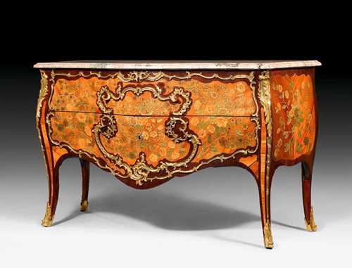 COMMODE "A FLEURS",Louis XV, stamped P. ROUSSEL (Pierre Roussel, maitre 1745), France, 18th century. Tulipwood, rosewood, and partly dyed precious woods in veneer, richly inlaid on all sides. Front with 2 drawers sans traverse. Rich, gilt bronze mounts and sabots. Shaped, grey/beige speckled marble top. 145x66x89 cm.
