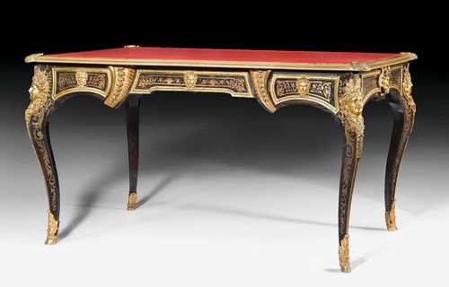 BUREAU PLAT WITH BOULLE MARQUETRY,Regence style, stamped GERARD (active circa 1856-1862), Paris circa 1862. Brown tortoiseshell finely inlaid with partly engraved brass fillets in "premiere-partie". Rectangular top lined with gold-stamped red leather and edged in bronze. Front with broad central drawer, flanked on each side by 1 drawer. Same, but sham arrangement verso. Exceptionally fine, matte and polished gilt bronze mounts, applications and sabots. 144x83x75 cm.