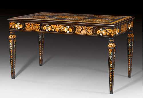IMPORTANT CENTER TABLE,Napoleon III, by the brothers FALCINI (Luigi 1794-1861, Angiolo 1801-1850), Florence circa 1860/70. Mahogany, ebony, fruitwoods, mother of pearl and horn with exceptionally fine inlays. With merchant signature BEVEREN / KORTE WALLE. 151x78x84 cm.