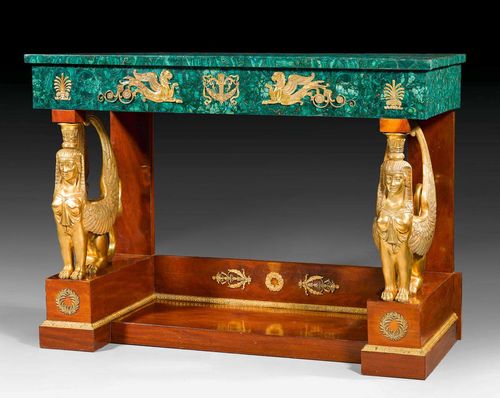MALACHITE CONSOLE "AUX SPHINGES",Empire style, probably Russia. Malachite, mahogany and bronze. Bronze mounts and applications. 122x60x90 cm.