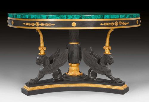 ROUND MALACHITE TABLE "AUX LIONS AILEES",Empire style, probably Russia. Gilt and burnished bronze, and malachite. Bronze mounts and applications. D 130 cm, H 72 cm.