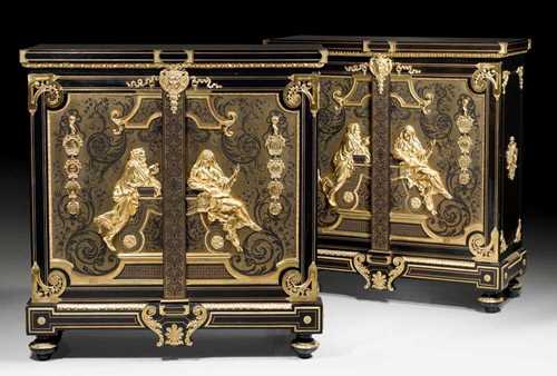 PAIR OF IMPORTANT SIDEBOARDS "ASPASIA ET LE PHILOSOPHE",late  Louis XIV, stamped ALIX A PARIS (Georges François Alix, 1846-1906), after models by A.C. BOULLE (André Charles Boulle, 1642-1732), Paris circa 1880. Ebonised wood finely inlaid with brass fillets in "contre partie. Decorated additionally with exceptionally fine matte and polished gilt bronze mounts and applications. 124x49x130 cm. Provenance: from a European collection