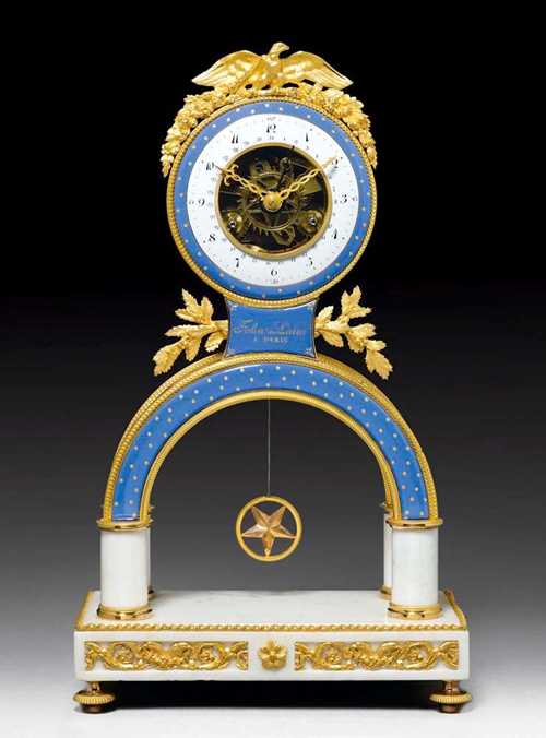 SKELTON CLOCK "A L'AIGLE",Directoire, the cartouche stamped FOLIN L'AINE A PARIS (Nicolas Alexandre Folin, maitre 1789), Paris circa 1785/95. Finely painted enamel in "bleu turquoise" with stylised stars and matte and polished gilt bronze together with white marble. The clock with a fine enamel chapter ring, a gilt anchor escapement striking the 1/2 hours on bell. Decorated with matte and polished gilt bronze mounts and applications. 24x12x41 cm. Provenance: from a Paris collection