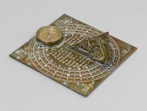 A BRASS HORIZONTAL TABLE SUNDIAL, Paris, circa 1700. Sign. BUTTERFIELD PARIS. Square horizontal plate with compass box, folding gnomon and bird-shaped pointer. The plate with engraved latitutes and hours. 16.6x16.6x7.8 cm.