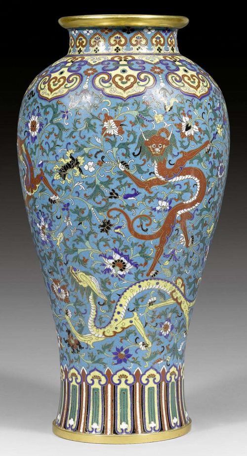 AN EXCELLENT CLOISONNÉ VASE WITH DRAGONS AMONGST LOTUS SCROLLS. China, Jiaqing mark and period, height 43 cm. Another identical vase has been sold at Bonhams London July 2006.