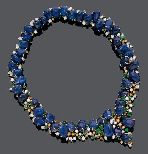 SAPPHIRE, DIAMOND AND EMERALD NECKLACE, BY E. MEISTER.