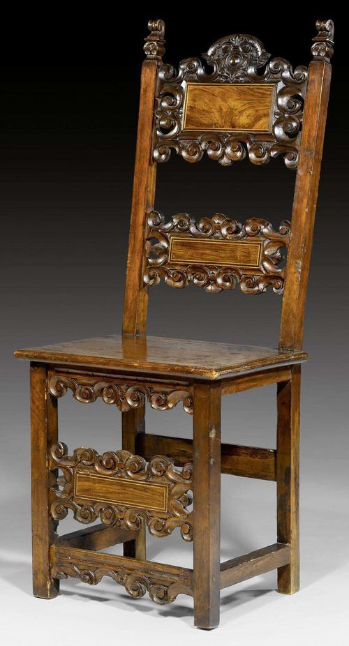 CHAIR,early Baroque, Northern Italy, 17th/18th century. Shaped and carved walnut and local fruitwoods. 51x35x51x124 cm.