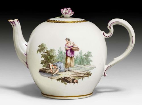 TEAPOT WITH LANDSCAPE PAINTING AND 'LARGE FIGURE' DECORATION, ZURICH, CIRCA 1770-80.Underglaze blue mark Z and 2 dots, incised mark ID. H 12.5 cm with lid, probably non-matching. Comparable piece: Boesch 2003, vol.2, p.42 (2.3.3.4).
