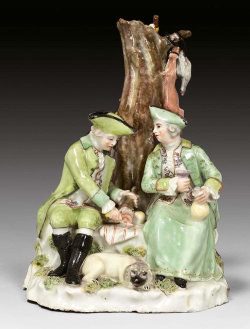 HUNTING COUPLE UNDER A TREE, ZURICH, MODEL CIRCA 1768-1770.Form 197. Allegory of autumn from a series of the mid seasons. Underglaze blue mark Z and two dots. H 15.5 cm. Minor restoration. Provenance: Private collection, Zurich, 1968. Literature: Felber 1973, p.20. Comparable pieces: Ducret II ill. 388 (Historisches Museum, St. Gallen); KFS 122 (Dr. Kern collection) p.33 No. 30.