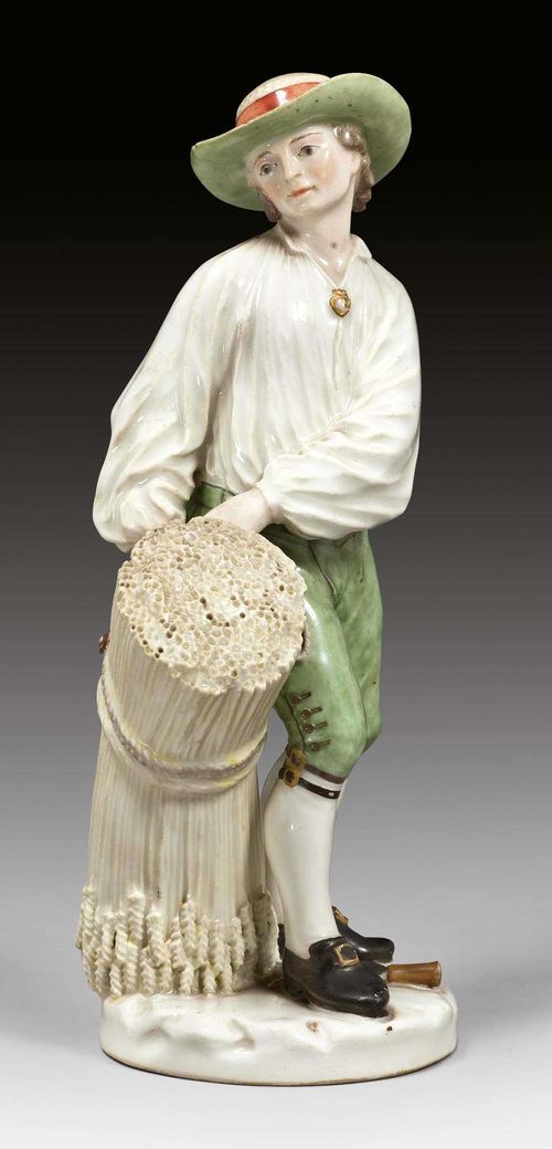 REAPER AS AN ALLEGORY OF SUMMER, ZURICH, MODEL AFTER 1768.Form 212. As an addition to the series of large figures of the seasons. Underglaze blue mark Z and two dots. H 20 cm. Hairline crack in the upper body. Provenance: Alfred Schwarzenbach collection, Zurich. Sotheby's Zurich, May 1974, Lot 114. Comparable pieces: Ducret II ill.75 (Historisches Museum, St. Gallen); Bieri 2007, ill.17; KFS 122 (Dr. Kern collection) p.22 No. 9