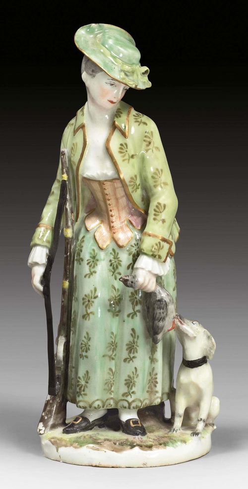 HUNTRESS AS AN ALLEGORY OF AUTUMN, ZURICH, MODEL BEFORE 1768.Form 296. From the series of large figures of the seasons. Underglaze blue mark Z and two dots. H 21.3 cm. Restoration to the shotgun strap. Provenance: Paul Schnyder von Wartensee collection. Galerie Fischer Lucerne, 13 November 1975, Lot 119. Literature: Felber 2001, S.22. Comparable pieces: Ducret II ill.78 (Schweizerisches Landesmuseum); Schwarzenbach 1974, Lot 115; KFS 122 (Dr. Kern collection) p.24, No.11, 12.