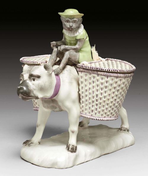 MONKEY RIDING ON A DOG, ZURICH, MODEL CIRCA 1775.After a Ludwigsburg model, the circle around Valentin Sonnenschein. Unpainted grass base. Underglaze blue mark Z and two dots. H 12.8 cm. Riding crop of the monkey missing. Provenance: -Prince d'Arenberg collection, Monte Carlo. - Ader Picard Tajan, Paris, 1979. - Dr. Segal, Basel, 1979. Comparable pieces: Ducret II ill. 477 and Schnyder von Wartensee 1975, No. 112; KFS 122 (Dr. Kern collection) p.70, No.110.
