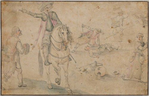 FLEMISH 16th/17th CENTURY Ruler on horseback underling, with murder in the background and figures fleeing. Pen in grey with watercolour. Enclosed in brown pen line. Verso old inscription: Jean Breughel dit de Velours vers 1580 - 1642 and dedication in French. 19,3 x 30 cm.