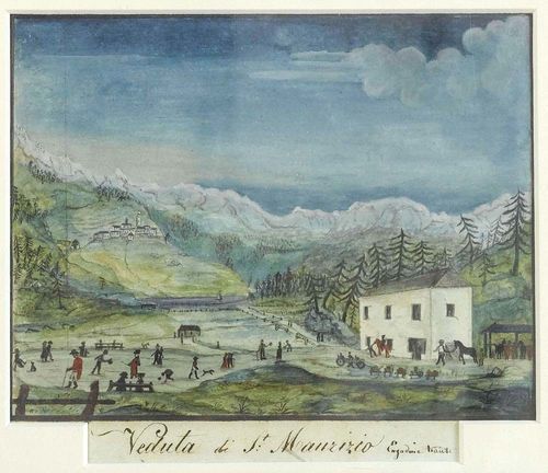 ST. MORITZ.-Veduta di St: Maurizio, Engadine haute, circa 1820. Gouache, 13 x 16.8 cm. With brown pen edging line. Entitled in brown pen in lower margin. Framed.