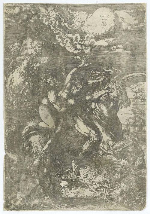 DÜRER, ALBRECHT (1471 Nuremberg 1528).Die Entführung auf dem Einhorn (The rape of Proserpina), 1516. Etching, 30.7 x 215 cm. On wove paper with watermark: large city gate with snake at its base, after 1560 (Meder 268). Bartsch 72; Meder 67 c (of c); Schoch/Mende/ Scherbaum 83. - Partly with fine margin around the plate edge. The lower right corner and left margin with small paper losses. A few tiny holes. Overall well conserved.