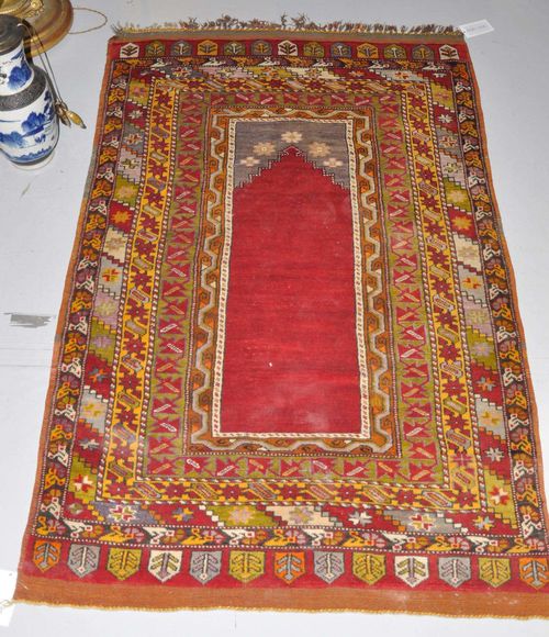ANATOLIAN PRAYER old.Red mihrab with grey spandrels, colourful, stepped border, good condition, 121x186 cm.