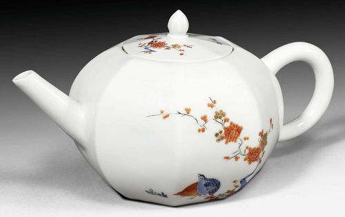 TEAPOT WITH LID DECORATED IN 'WACHTELDEKOR', MEISSEN, CIRCA 1729-31. WITH JOHANNEUMSNUMMER N=299-w. Octagonal form, painted in Kakiemon style with 'Wachteldekor' and sprays of indianische Blumen. Overglaze sword mark, incised and blackened inventory number of the Japanese palace N=299-w. H 9.5cm, D 11cm. (2) Provenance: - August II, Elector of Saxony, King of Poland, Japanese Palace, Dresden. - Private collection, Switzerland