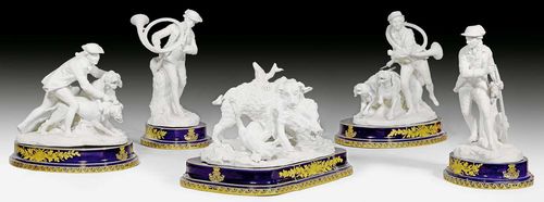 RARE BISCUIT 'SURTOUT DE TABLE À LA CHASSE', SÈVRES, CIRCA 1879.Model by Pierre Blondeau, after designs by Jean-Baptiste Oudry. Each group and figure with oval porcelain plinth with gold leaf decoration and monogram on cobalt blue ground. Comprising: central group ' Chasse au sanglier' , two figures 'Chasseur au cor', two figures 'Chausseur au fusil, No1', 'Valet de chiens' and 'Valet de chiens au cor'. Three of the groups with impressed mark 'Sèvres' and dated 1879. (7) Provenance: - From a Swiss estate, 'Le Bois Muralt'. Christies, London, South Kensington, ' Le Bois Muralt. The Nineteenth Century Swiss country retreat of a European Noble family', 18. Jan 2000. - From an English collection
